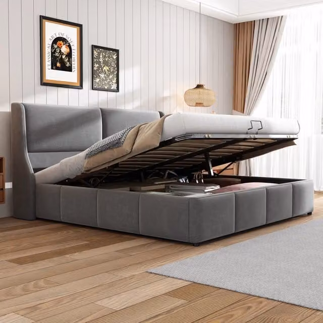 Letto Contenitore REDOM in Velluto Grigio con Rete a Doghe L/P: 180 x 200 cm