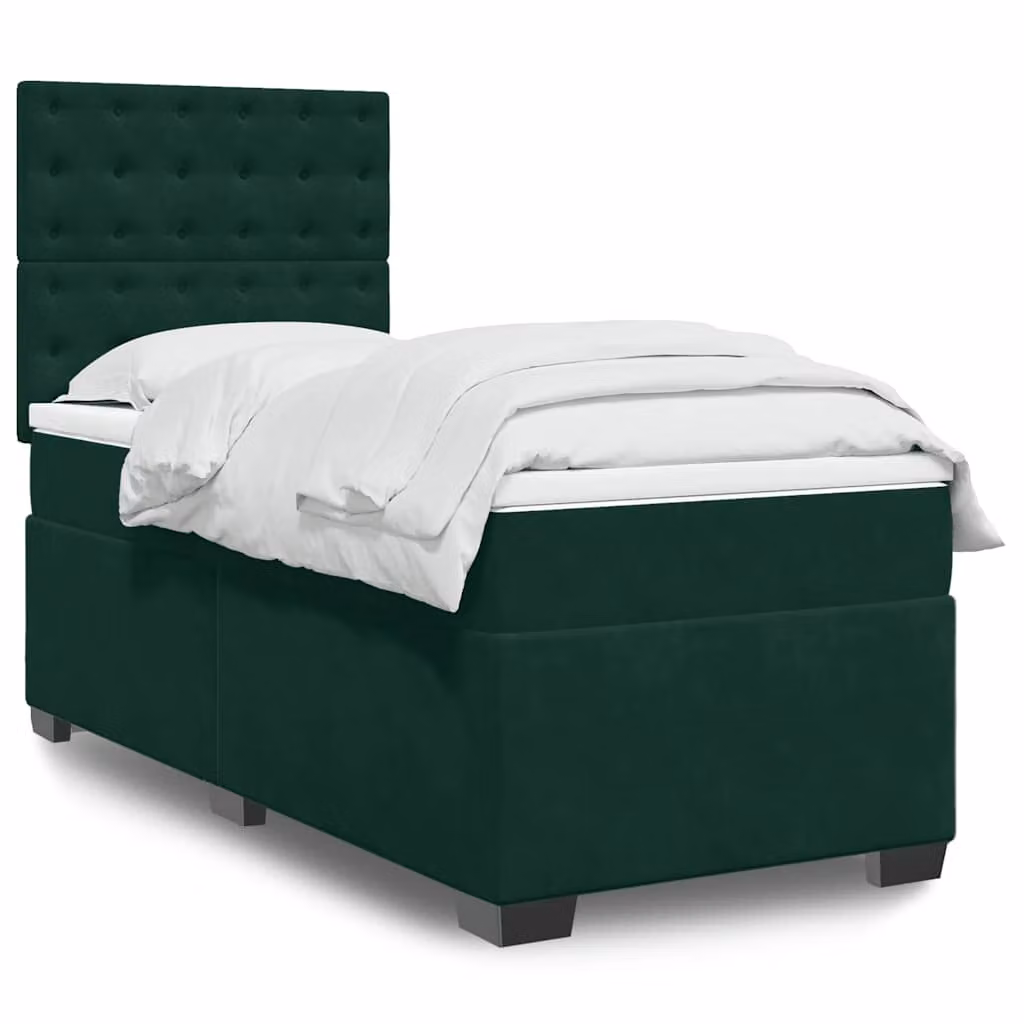 vidaXL Giroletto a Molle Ibrido con Materasso in Velluto Verde Scuro e Bianco L/P/H: 90 x 190 cm – 1