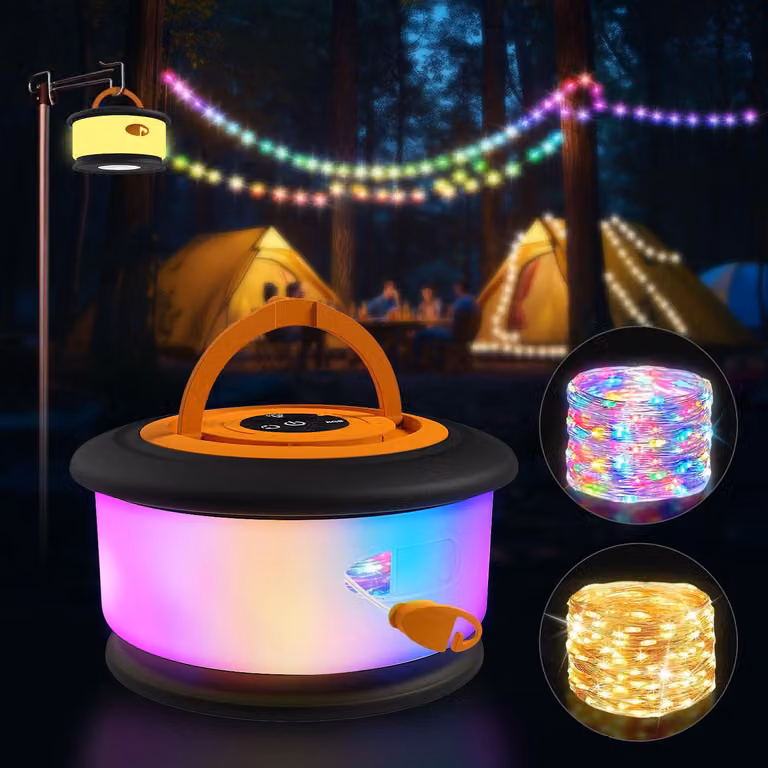 Catena luminosa per campeggio, 10 metri, 19 LED, nera/arancione, con telecomando