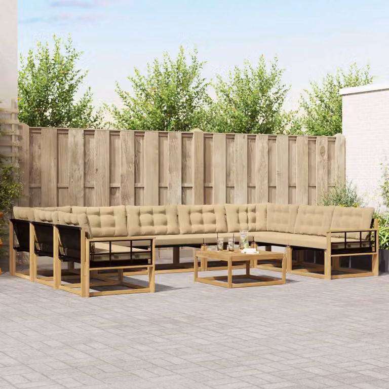 Set di divani da esterno vidaXL a forma di U composto da 10 pezzi in legno di acacia con cuscini bianchi e beige