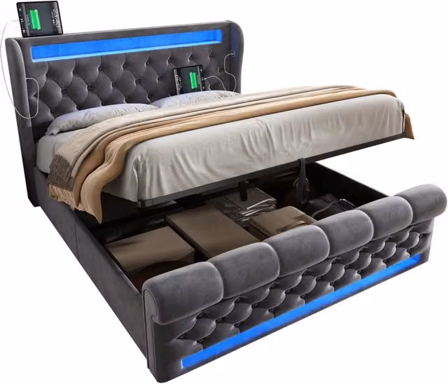Letto matrimoniale imbottito 140x190 in velluto grigio con LED， testiera con USB e Tipo C， contenitore idraulico， design elegante senza materasso， senza materasso