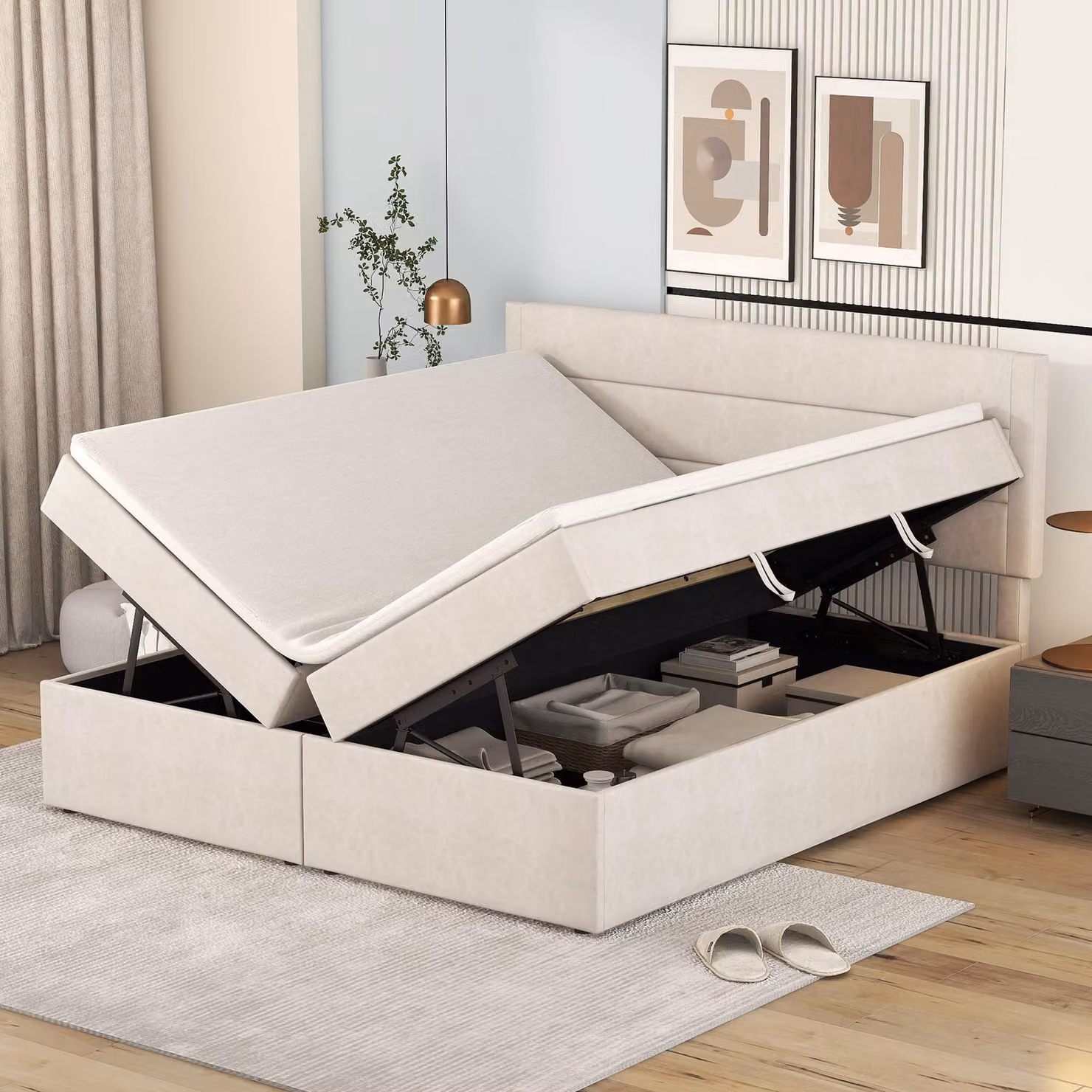 Letto imbottito 140x200 cm con ampio contenitore, apribile da entrambi i lati, rete a molle sollevabile con cilindro a gas, rivestito in lino, color beige