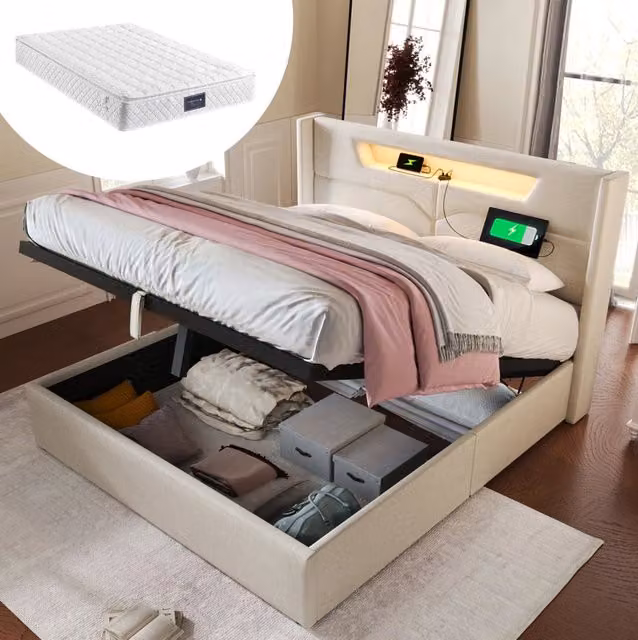 Letto contenitore 140x200 cm con testiera imbottita; LED; USB e Type-C; beige