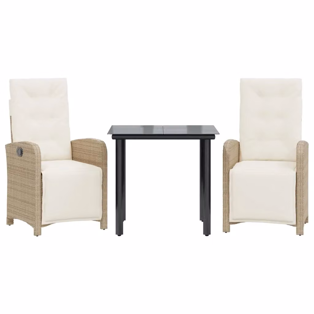 Set da Bistrò vidaXL 3 pz in Polyrattan con Cuscini Beige e Piano in Vetro per Giardino e Balcone – 2