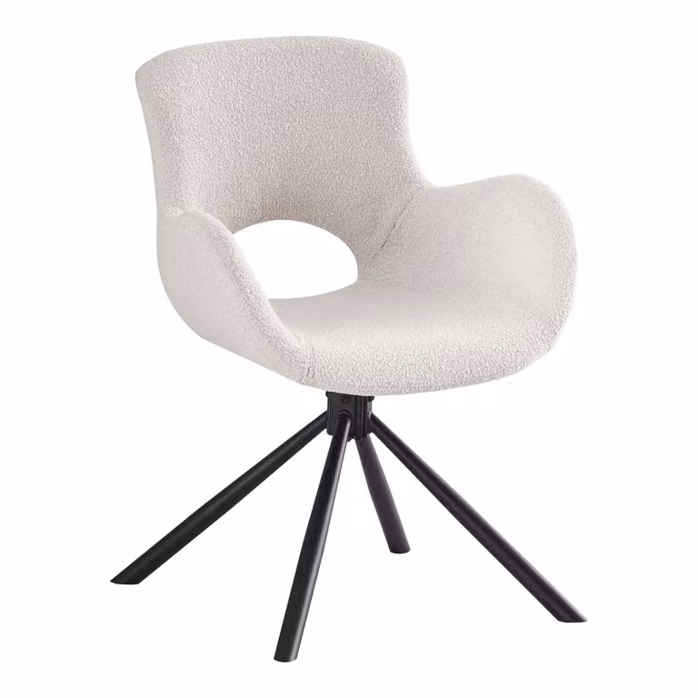 Sedia da pranzo Amorim in bouclé con base girevole bianco sporco.