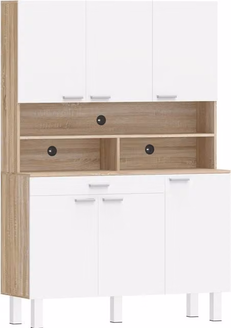 Buffet alto per cucina con 6 ante, cassetto e ripiani aperti, bianco e effetto legno naturale, 120x40x175 cm