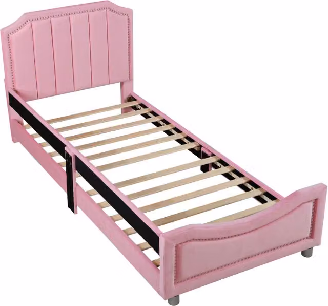 Letto bambino imbottito 90x200 cm con schienale e braccioli in flanella rosa, letto multifunzione con struttura in MDF e doghe in legno