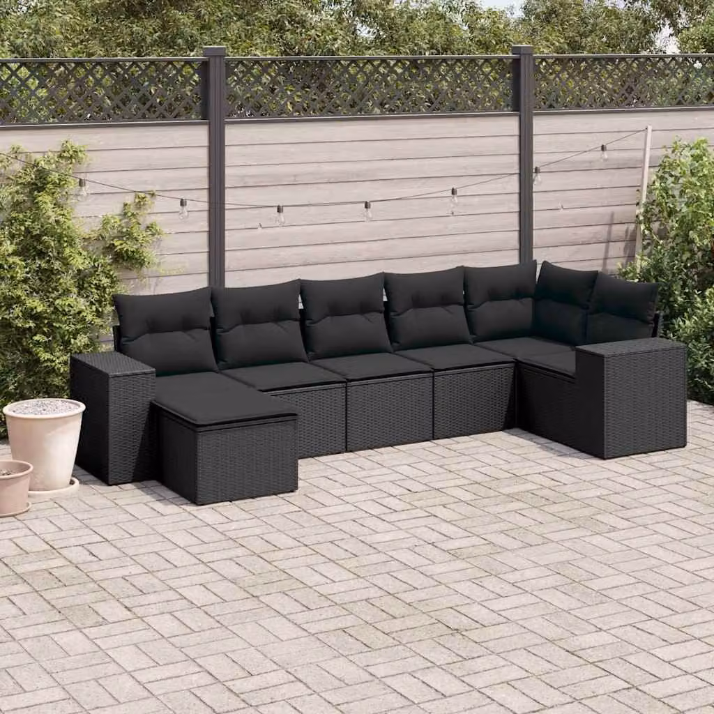 Set di divani da giardino vidaXL a forma di L con 7 pezzi e cuscini in polyrattan nero – 1