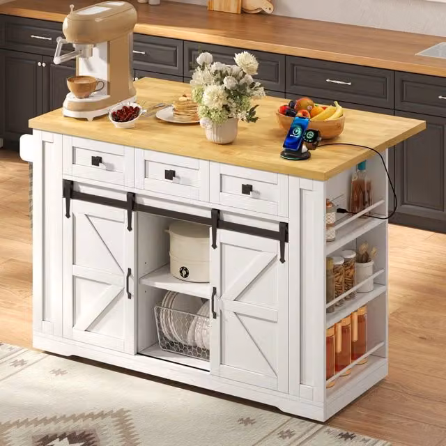 Isola da cucina mobile, carrello da cucina, credenza da sala da pranzo, piano di lavoro pieghevole, 3 cassetti, ante scorrevoli, con presa di corrente, color legno naturale e bianco