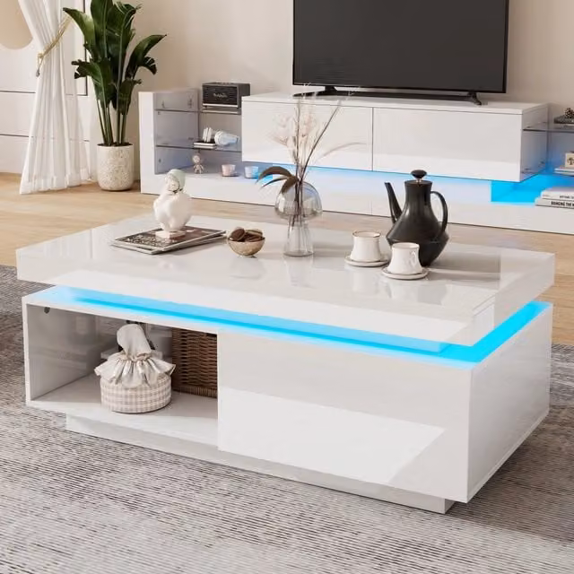 Tavolino da salotto OKWISH moderno con 1 cassetto e LED, finitura lucida bianca, L 100 x P 50 x H 40,3 cm