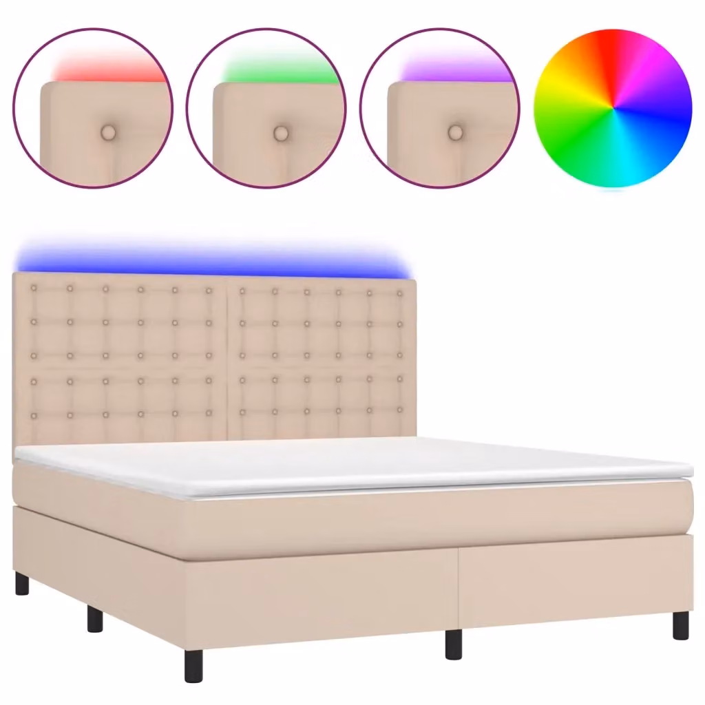 Letto con contenitore a molle e illuminazione LED vidaXL, colore Cappuccino, rivestimento in similpelle e tessuto, L 160 x P 200 cm – 2