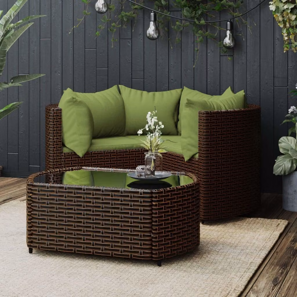 The Living Store Set salotto da giardino 4 pezzi con cuscini in poly rattan marrone
