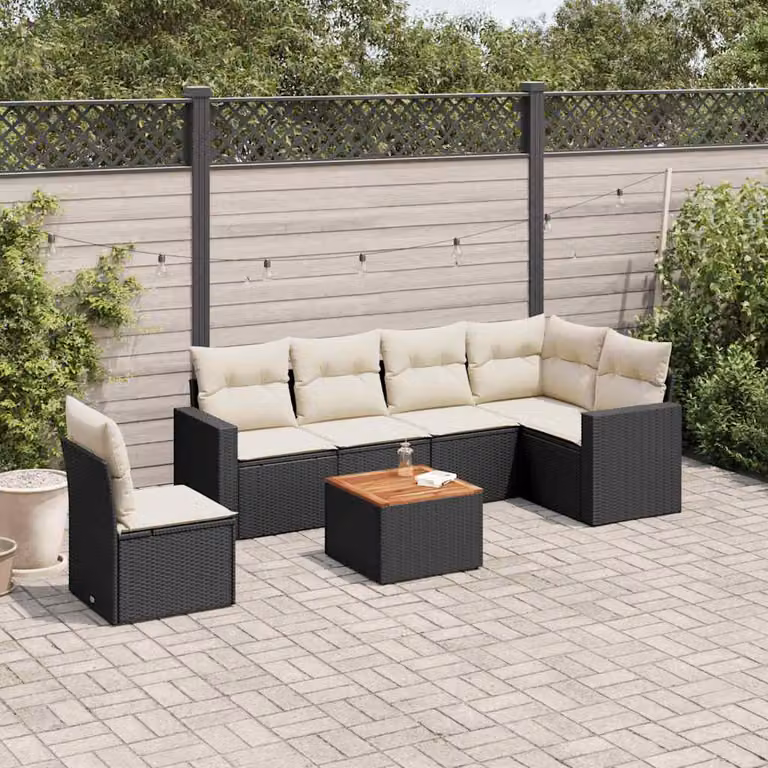 Set di Divani da Giardino a L vidaXL in Polyrattan Nero con 7 Cuscini e Tavolino da Esterno