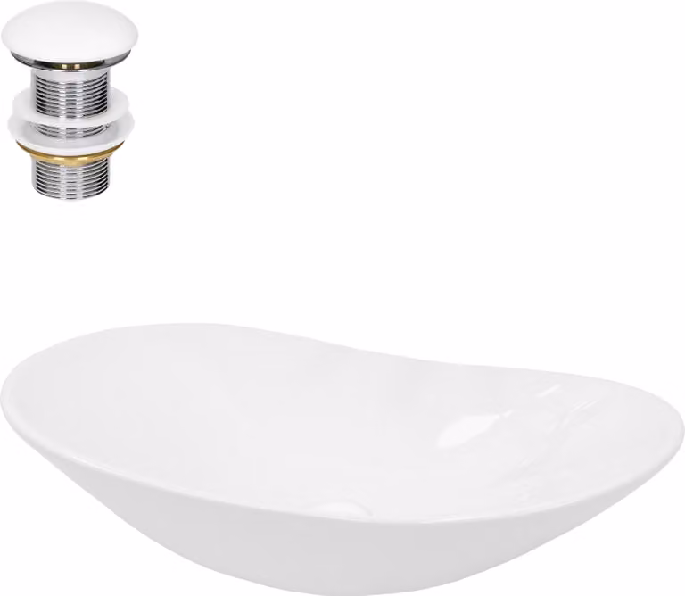 Lavabo LuxeBath Lavabo da appoggio ovale, 64x36,5x13 cm, bianco, in Vetroceramica, incl. set di scarico senza troppopieno