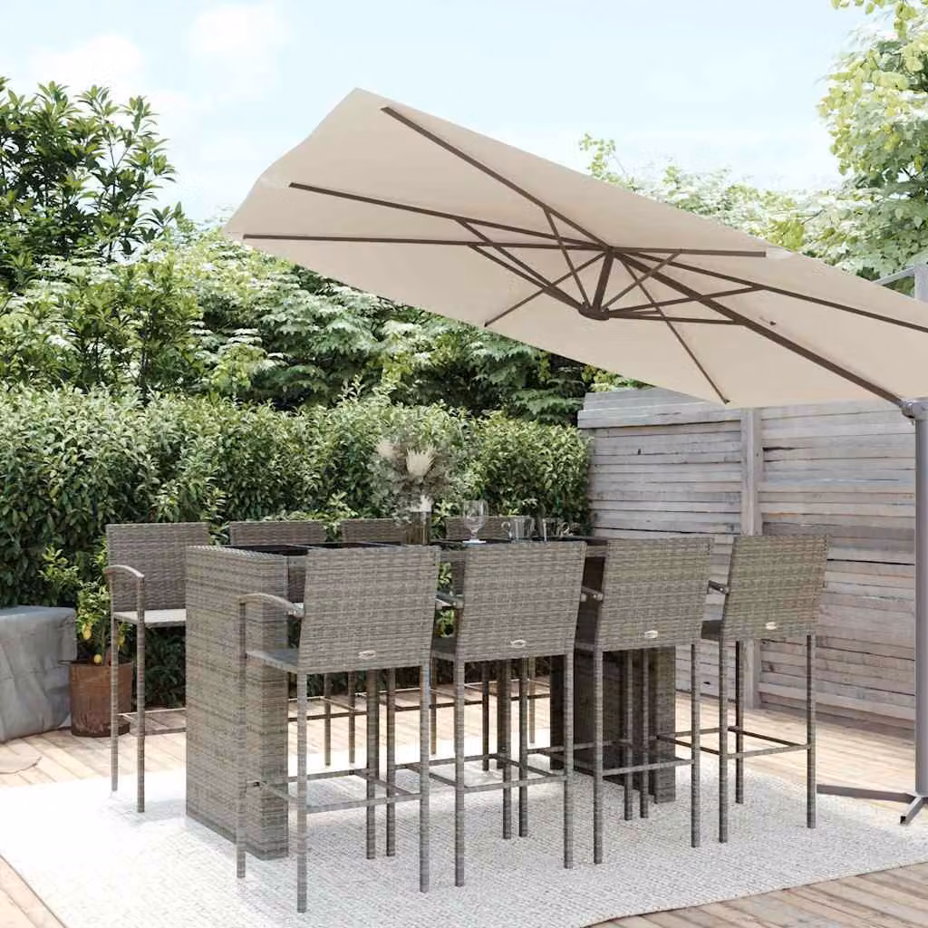 Set da Bar da Giardino vidaXL in Polyrattan Grigio e Nero con Piano in Vetro, 9 Pezzi