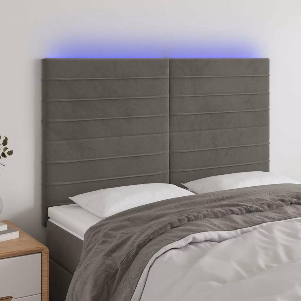 Testiera con LED e porta USB vidaXL in velluto grigio, L: 144 cm, P: 5 cm, H: 118/128 cm