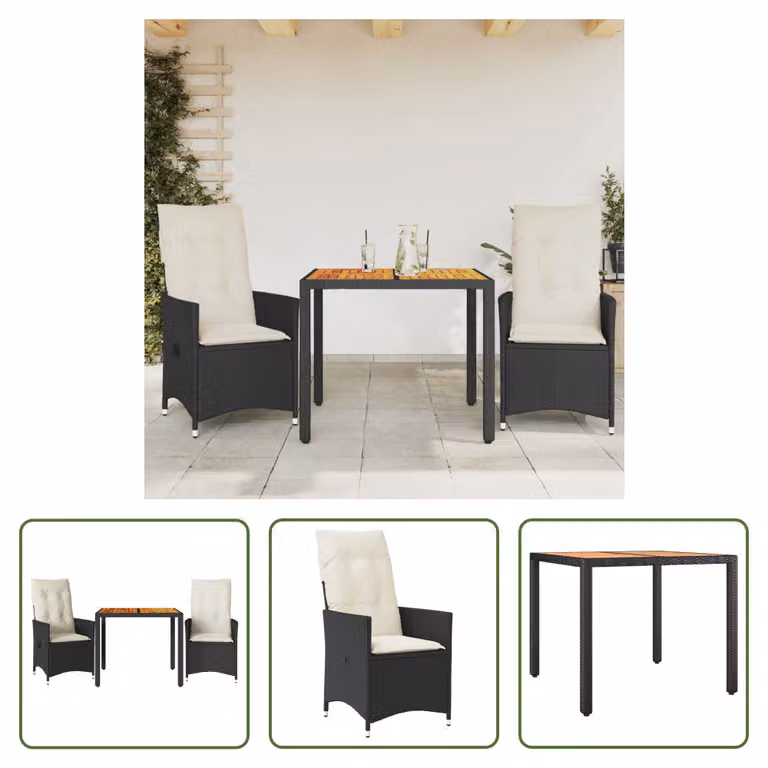 The Living Store Set bistrot 3 pezzi con cuscini in poly rattan nero e acacia