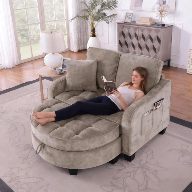 Divano lounge STILVORA, divano letto 2 in 1, con pouf contenitore, tessuto traspirante e delicato sulla pelle, ideale per salotti di piccole dimensioni e studi