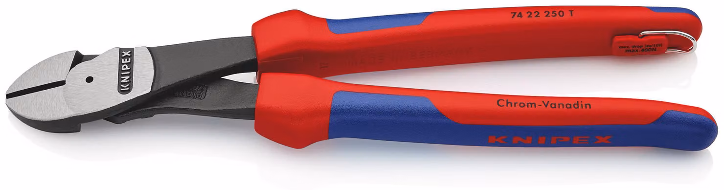 KNIPEX 74 22 250 T Taglierina diagonale Kraft con impugnatura multicomponente, con occhiello di fissaggio integrato per il fissaggio di un fermo di sicurezza nero atramentato 250 mm