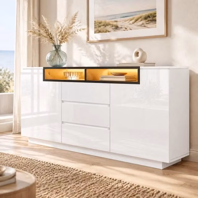 Mobile soggiorno bianco e nero 140x40x68 cm con 2 ante a L, 3 cassetti, ripiani regolabili e illuminazione LED