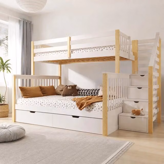 Letto a castello 90 × 200 cm e 140 × 200 cm con cassetti e scala laterale, senza materasso, bianco e naturale