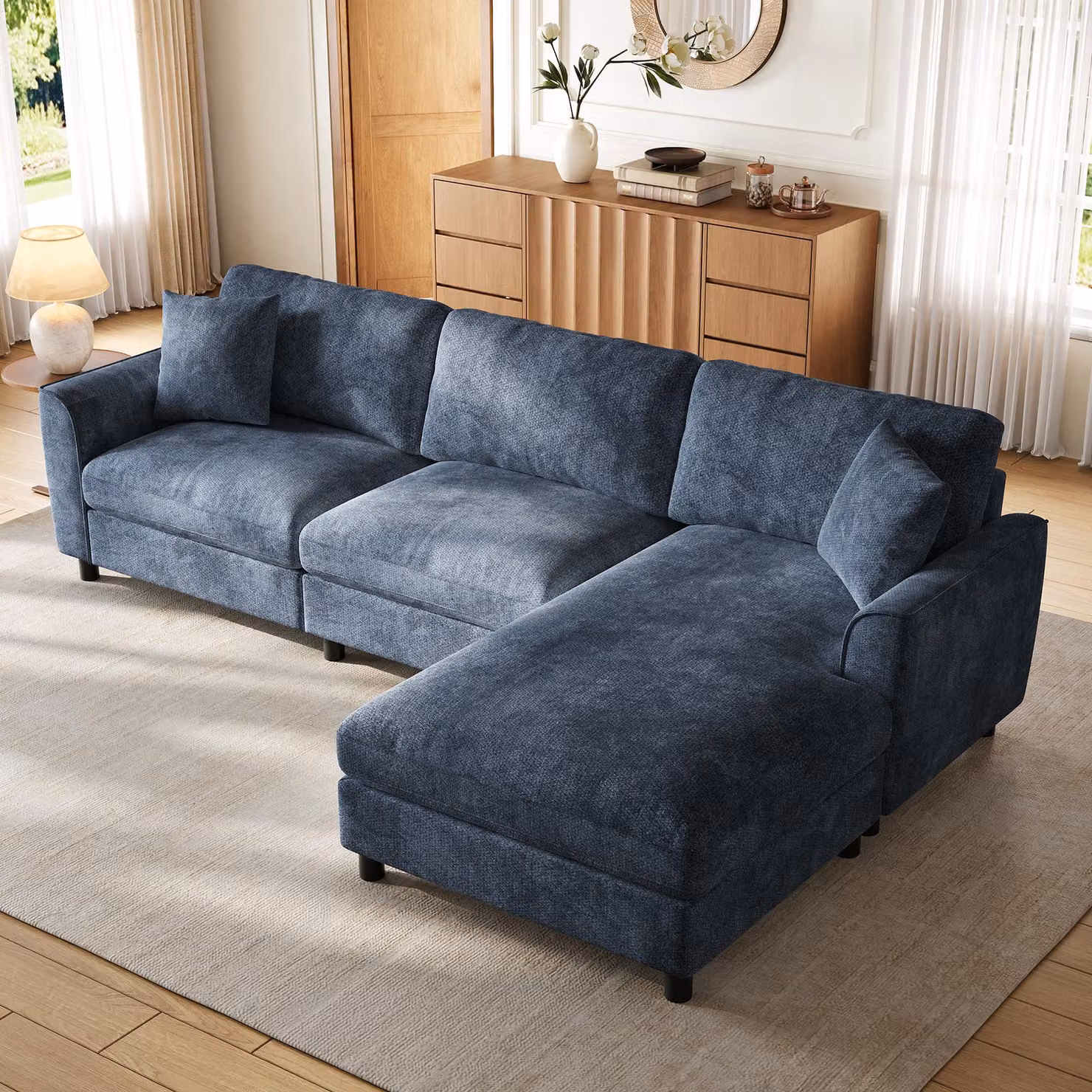 Divano angolare okwish a 3 posti con elemento reclinabile, divano classico con braccioli, divano per soggiorno dal design semplice, colore blu