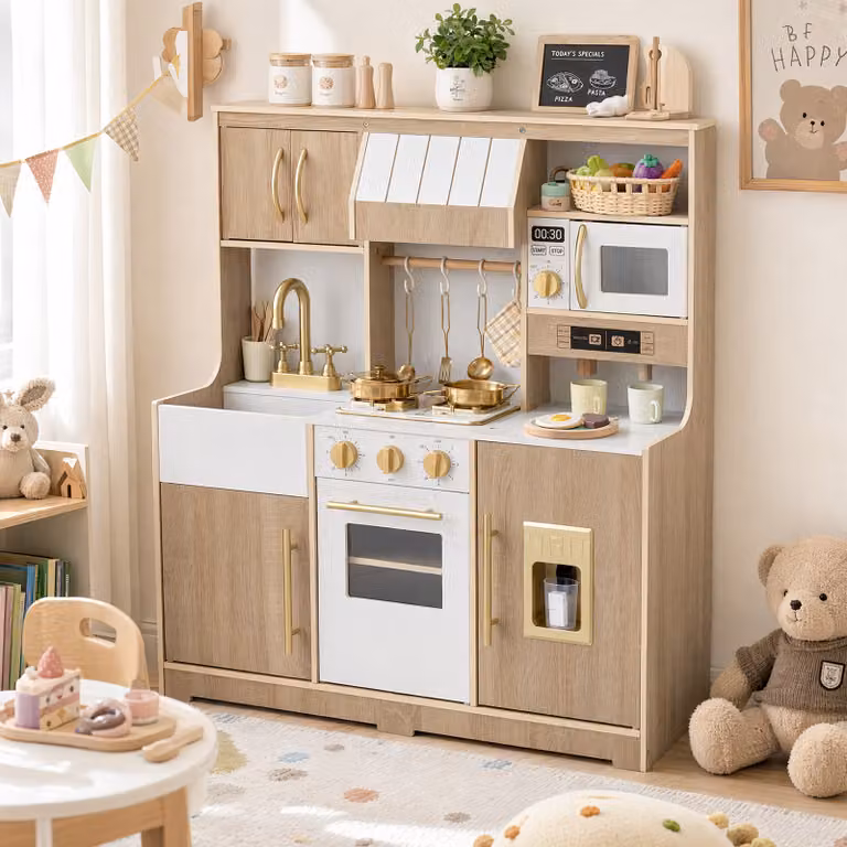 Costway Cucina giocattolo per bambini con luci e suoni 3+ anni, Cucinetta in legno con fornello forno microonde lavello e rubinetto