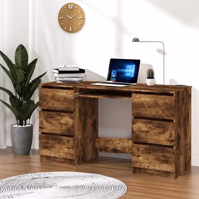 Scrivania da ufficio vidaXL in legno color rovere e marrone, design minimalista, L 140 x P 50 x H 77 cm – 1
