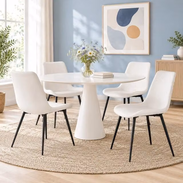 Set 4 sedie da pranzo ULEVR in similpelle PU bianca con struttura in metallo nero e piedini antiscivolo