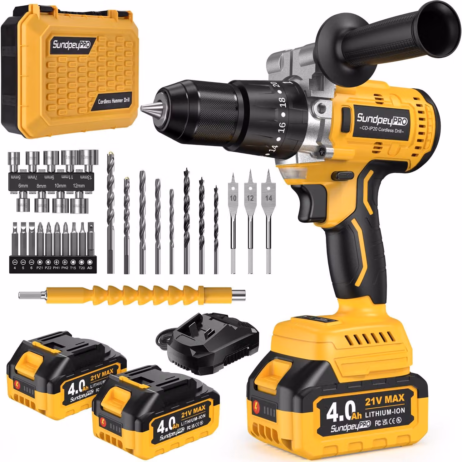 Trapano avvitatore a batteria brushless - 21 V - Coppia 120 Nm - 2 batterie da 4,0 Ah - Trapano a percussione - Metallo - Giallo
