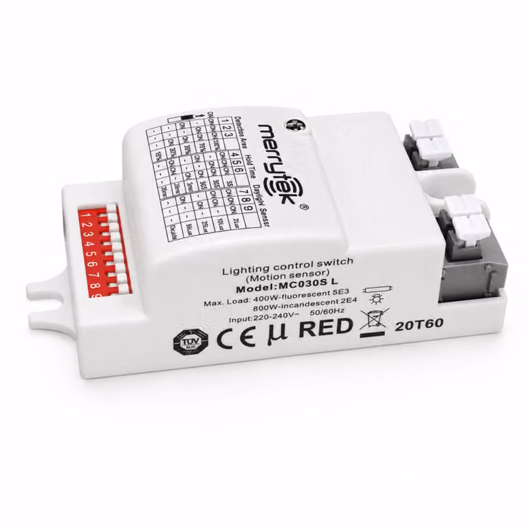 L03C MERRYTEK MC030S-L Sensore di movimento per microonde, accensione/spegnimento, 220–240V AC, max. 800W. Sensore di presenza a radiofrequenza per lampade, plafoniere, interni, cantine, corridoi