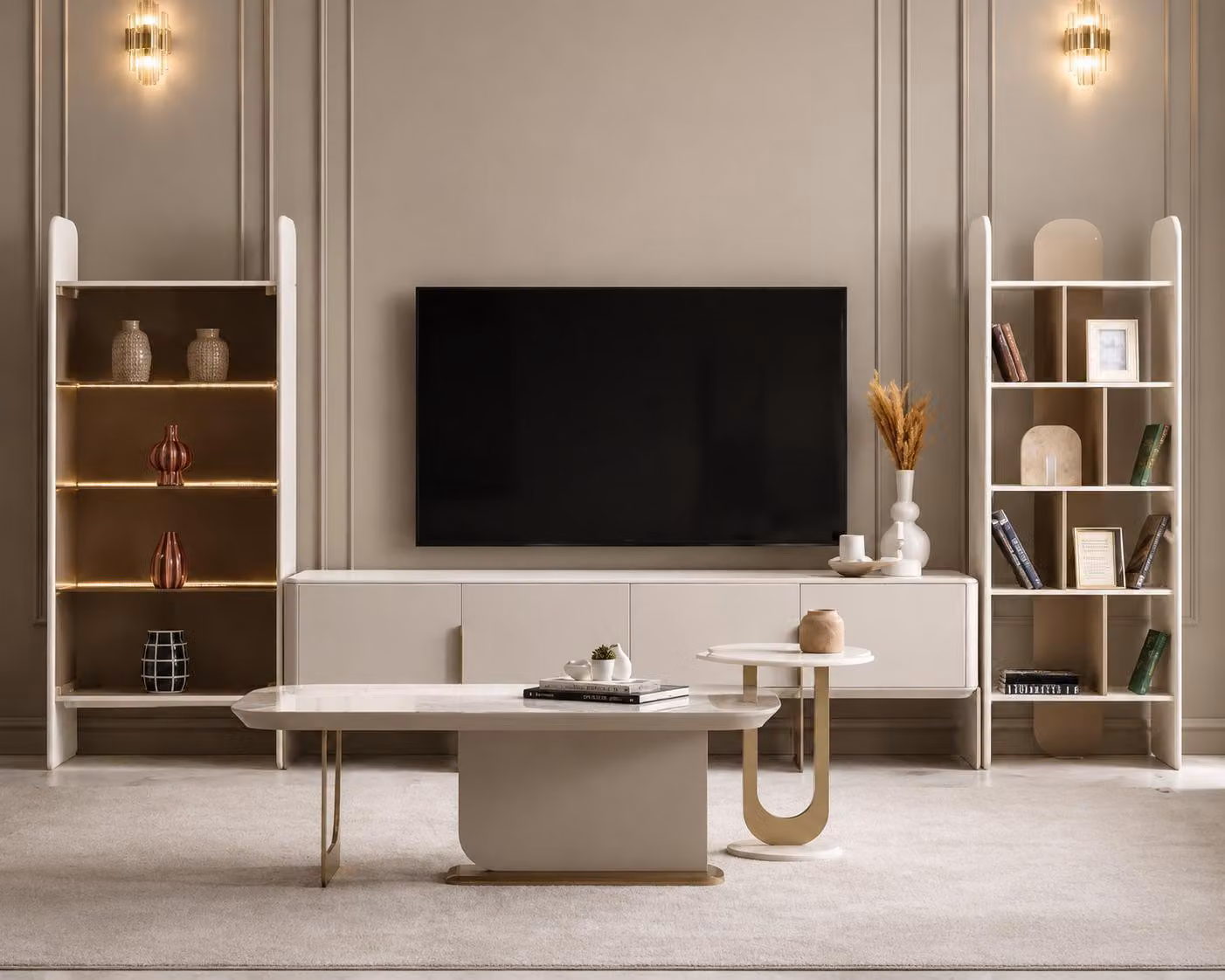 Set per soggiorno color beige: mobile contenitore, vetrina, libreria, tavolino