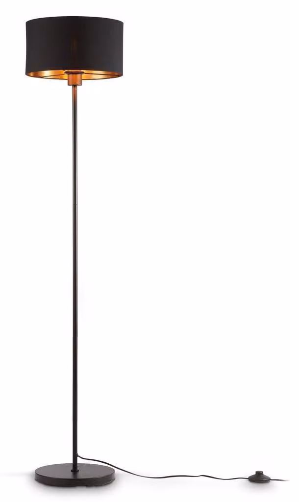 B.K.Licht Lampada da terra in tessuto nero-oro attacco per lampadina E27 non inclusa, piantana con paralume in tessuto Ø30 cm, altezza 1415mm, interruttore a pedale