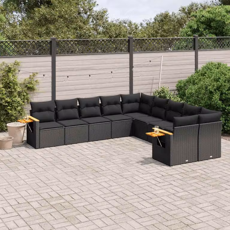 vidaXL Set Divani da Giardino a Forma di U in Polyrattan Nero con Cuscini e Tavolino
