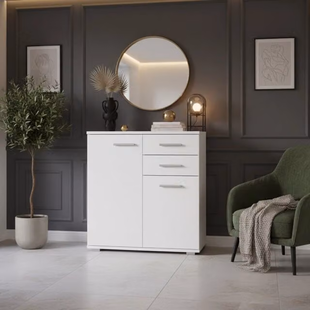 Comò Komodee in stile scandinavo bianco, L: 69 cm, H: 74 cm, P: 34 cm