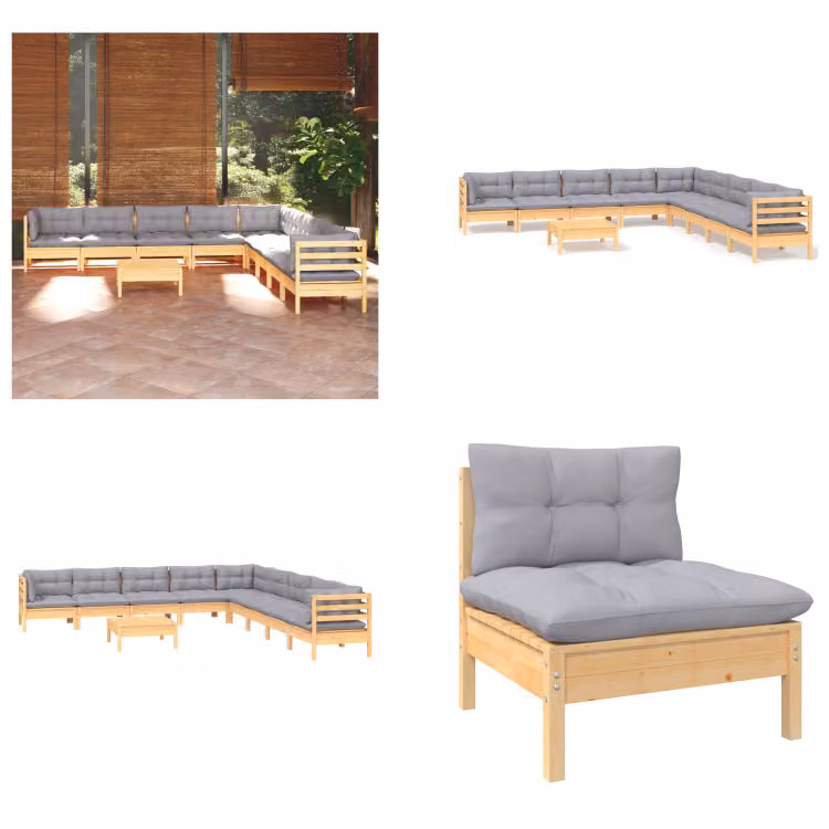 vidaXL Set salotto da giardino 10 pezzi con cuscini grigi in pino massiccio - Set salotto da giardino - Set salotto da giardino - Set mobili da giardino - Set mobili da giardino