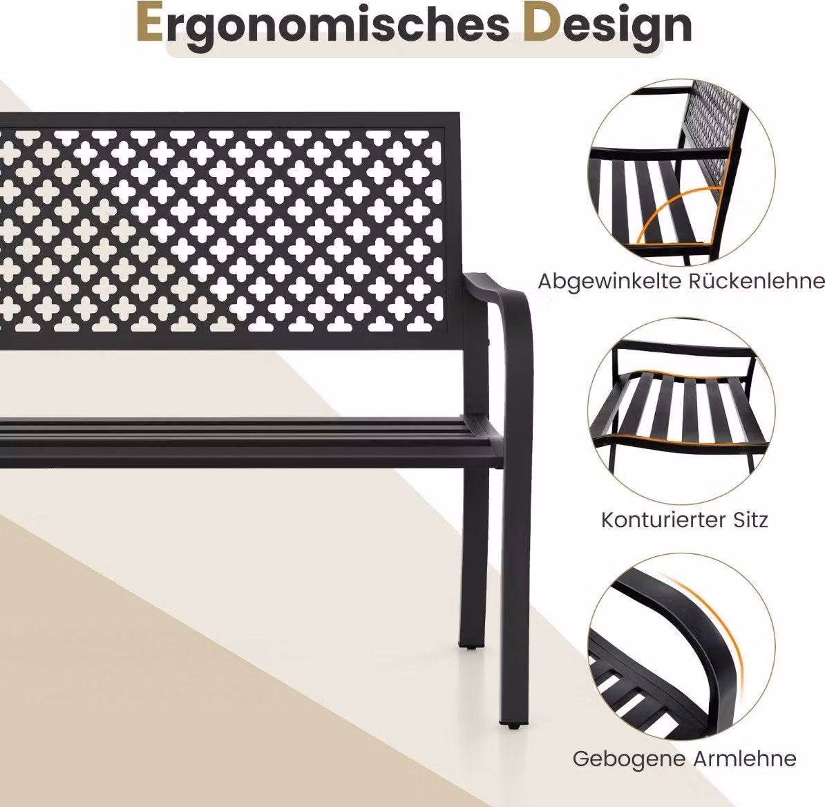 Panca da giardino in metallo resistente alle intemperie per panca da parco a 2-3 posti con schienale e braccioli 127 x 62 x 86 cm nero