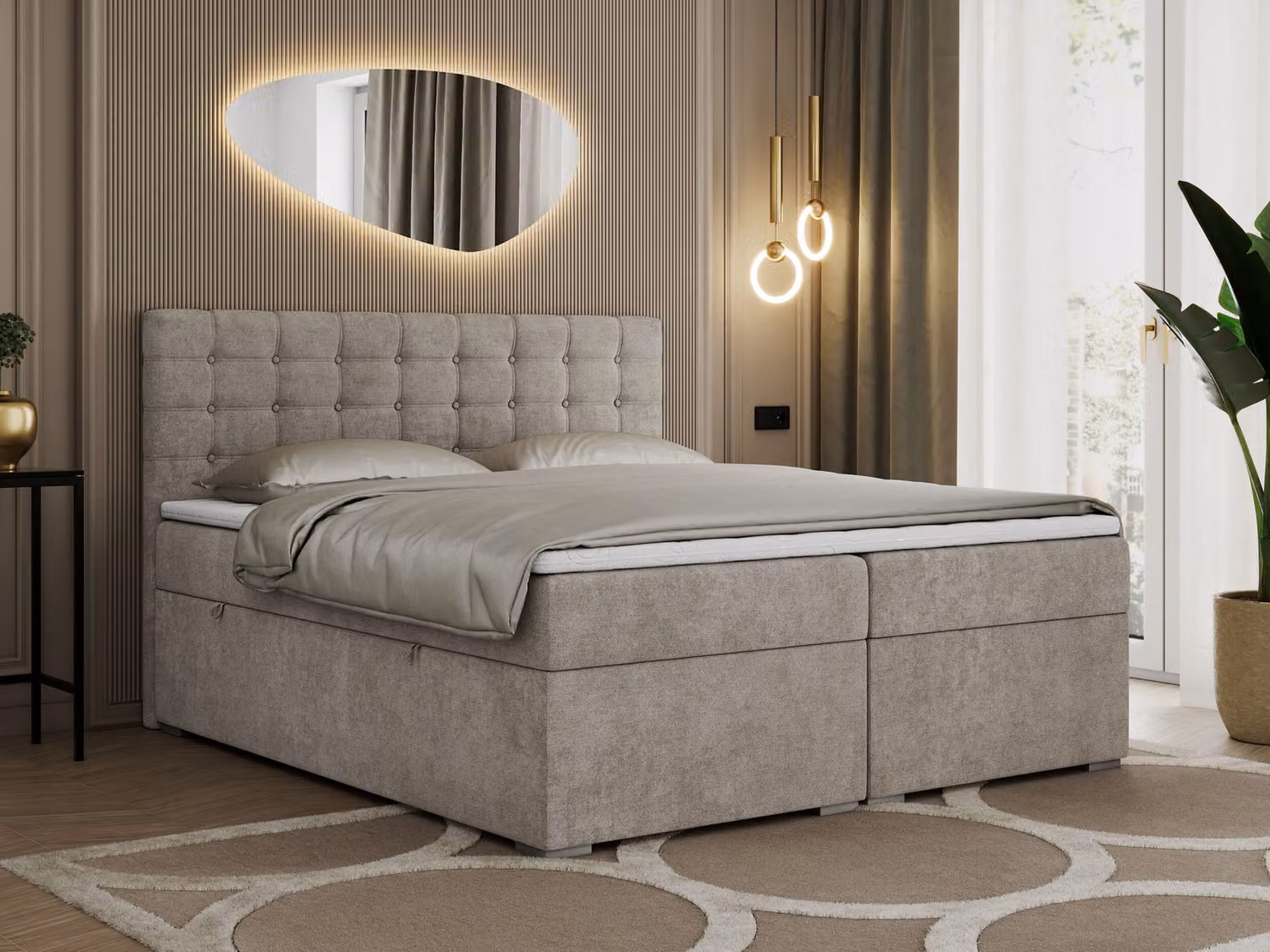 Letto con boxspring 160x200 con contenitore, letto 160x200 con materasso e topper - SUSAN - 160x200 - Beige - Struttura - H3