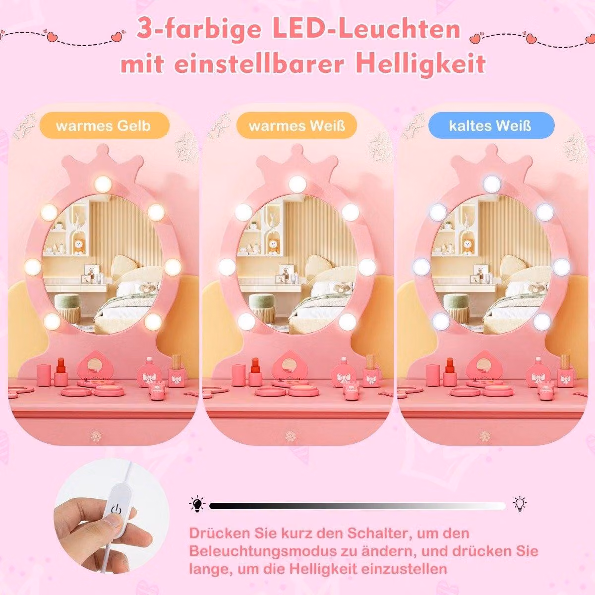 Toeletta per bambini con illuminazione Toeletta principessa 2 in 1 con specchio rimovibile rosa