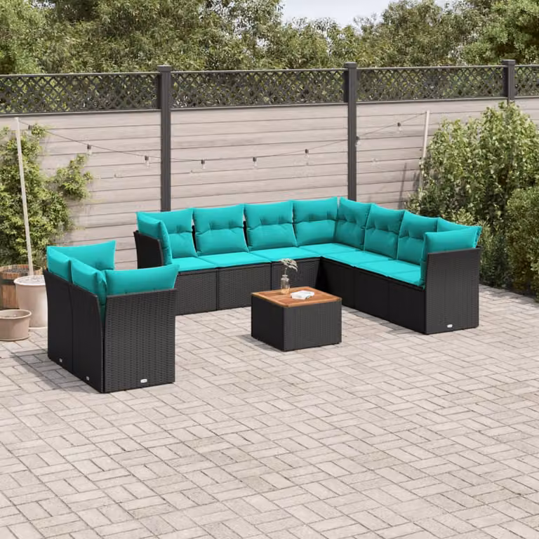vidaXL Set Divani da Giardino 11 pz in Polyrattan Nero con Cuscini e Tavolino da Esterno a Forma di L