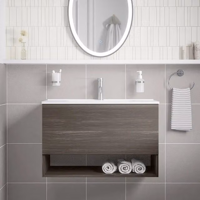 Mobile sospeso da bagno Sauris con cassetto e vano a giorno, rovere scuro, larghezza: 80 cm – 1