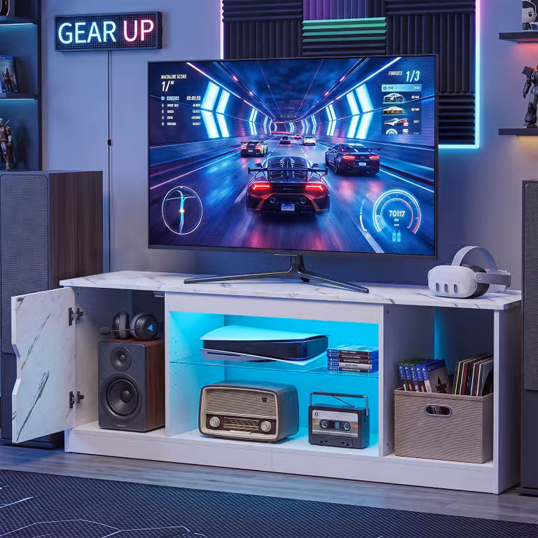 Mobile porta TV moderno Costway con luci LED e ripiano in vetro temperato, Bianco