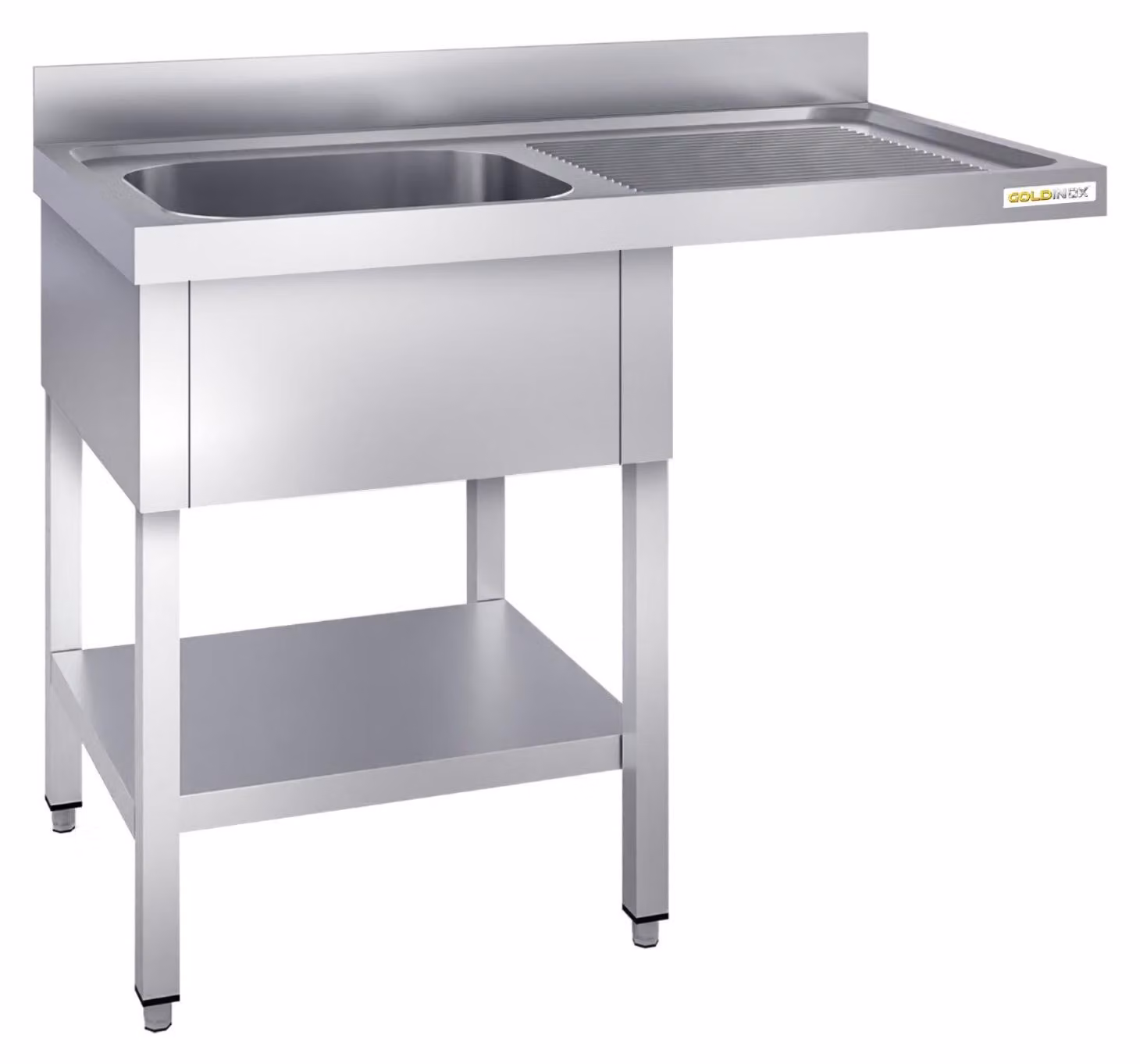 Lavello per lavastoviglie in acciaio inossidabile, con un vano, dimensioni 1400x600 mm, con scolapiatti integrato a destra, modello PREMIUM - GOLDINOX