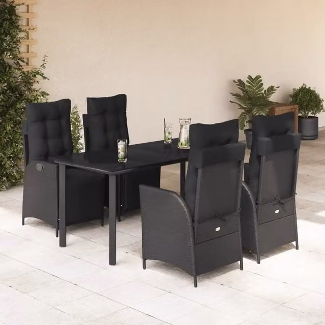 Set da Pranzo da Giardino 5 pz Nero con Cuscini in Polyrattan 3213402