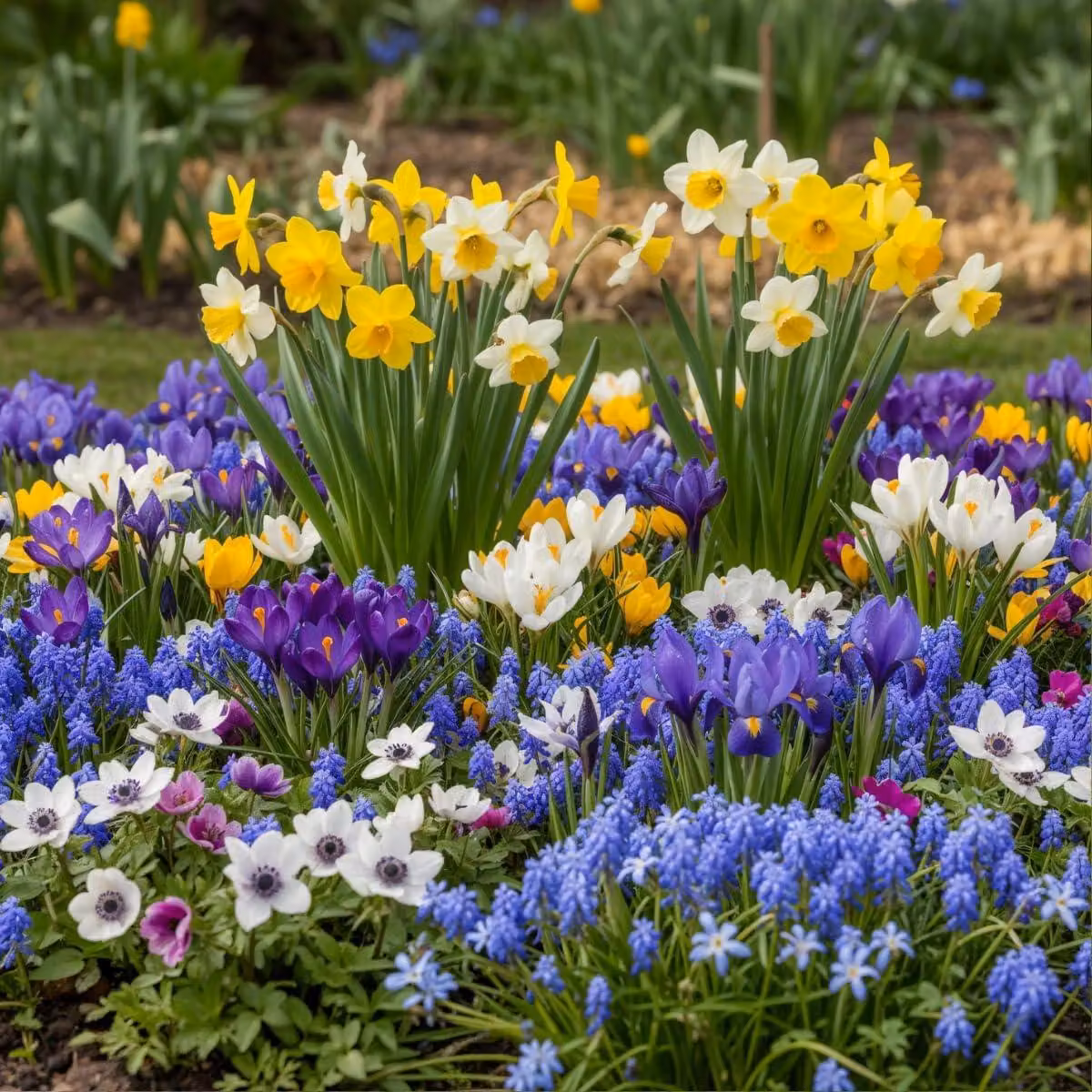 Bulbi da fiore primaverili per fiori selvatici - 50 bulbi perenni, resistenti al gelo - Crocus, Muscari, Anemoni, Iris - Piante vere provenienti dall'Olanda - Adatti per giardino, vasi e balcone (non semi, non artificiali)