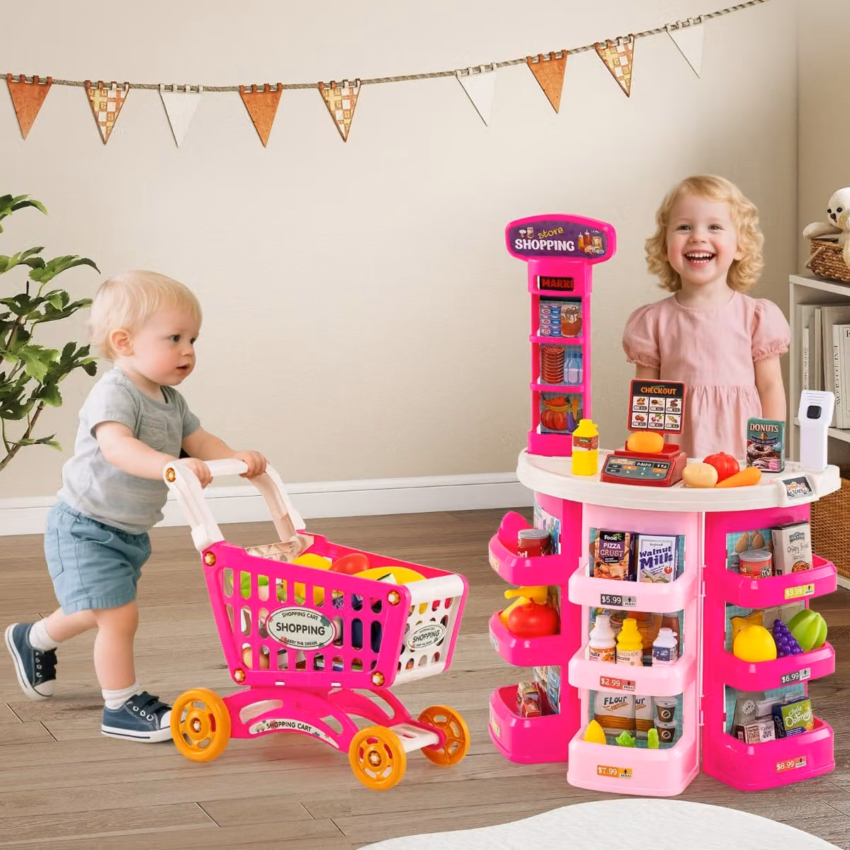 Set di gioco supermercato Costway con luci e 29 accessori rosa per bambini dai 3 anni in su