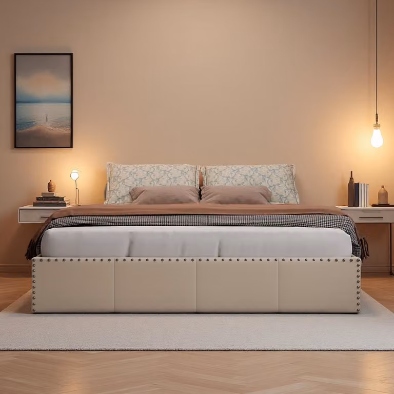 Letto in velluto beige 140 x 200 cm con contenitore, testiera imbottita e illuminazione a LED, sistema di contenitori con molle a gas, telaio con decorazioni in metallo rivettato