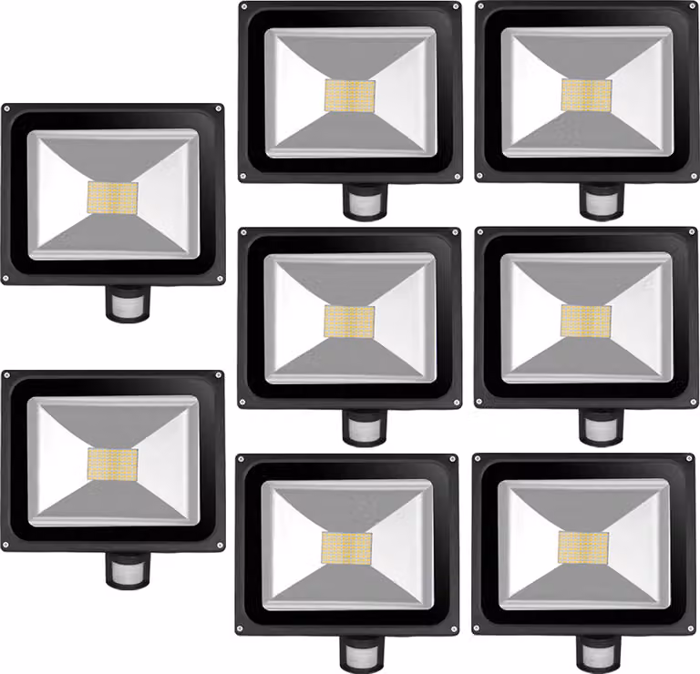Set da 8 proiettori LED SMD da 80 W con sensore di movimento PIR, Greenmigo 120°, IP65, corpo in alluminio nero, luce bianco caldo