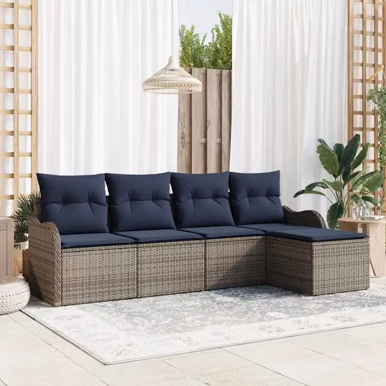 Set Divano da Giardino a L con Ottoman vidaXL Grigio in Polyrattan e Metallo con Cuscini Inclusi