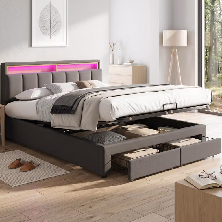 MODFU Letto imbottito 180x200 cm Letto boxspring matrimoniale idraulico con illuminazione a LED (senza materasso), grigio